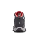 Bota de trekking Columbia modelo Crestwood Mid, color gris con detalles en naranja. Confeccionada con una combinación de cuero y malla, cuenta con tecnología impermeable Omni-Tech, entresuela TechLite para amortiguación y suela Omni-Grip para tracción en diversos terrenos.