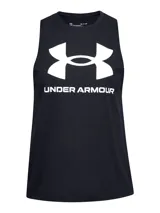 Musculosa deportiva Under Armour de color negro, con cuello redondo y estampa frontal del logo de la marca en color blanco. Presenta un corte sin mangas con sisas amplias.