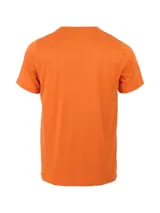 Remera deportiva naranja de manga corta con logo de la marca Merrell estampado en el pecho.