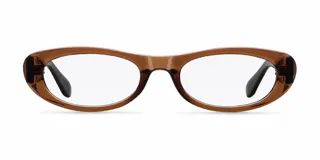 Lentes blueblocker con armazón ovalado de diseño plano estilo ojo de gato en color marrón traslúcido.