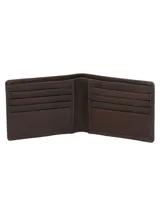 Billetera de cuero natural color marrón con costuras a la vista y logo de la marca grabado en la parte inferior. Cuenta con protección RFID para tarjetas.