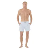 Short de baño celeste con estampado geométrico en blanco, de secado rápido y forro de malla transpirable.