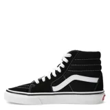 Championes Vans modelo Sk8-Hi de caña alta, color negro con la icónica banda lateral blanca. Confeccionados en una combinación de gamuza y lona, cuentan con puntera reforzada, cuello acolchado para mayor soporte y la clásica suela de goma tipo waffle.