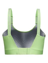 Top deportivo Under Armour de sujeción media, color gris con detalles en verde neón. Presenta tirantes ajustables con logo de la marca y banda elástica inferior con logo central.