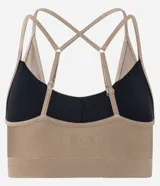 Top deportivo negro de microfibra con efecto satinado, copas removibles y correas dobles ajustables.