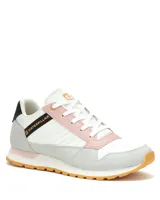 Sneaker Caterpillar modelo Ventura, con diseño multicolor que combina blanco, gris, rosa y detalles en negro. Presenta una suela de goma color caramelo, cierre con cordones y logo de la marca en el lateral y la lengüeta.
