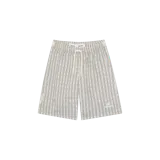 Short de baño Eme Studios, color gris claro con estampado de cuadros y líneas, cintura elástica con cordón de ajuste blanco y logo bordado en la pierna.