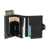 Billetera compacta de cuero genuino color verde oscuro con tarjetero de aluminio integrado. Cuenta con sistema de deslizamiento para tarjetas, protección RFID, compartimento para billetes y cierre lateral con broche.