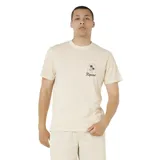 Remera de manga corta color beige, con cuello redondo y pequeño estampado frontal con palmeras y logo de la marca Rip Curl.