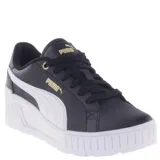 Championes urbanos Puma modelo Karmen Wedge, color negro con detalles en blanco y logo dorado. Presentan una suela de plataforma elevada y cierre con cordones.