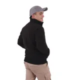 Campera de micropolar azul marino con cierre frontal y cuello alto. Tiene bolsillos laterales y puños acanalados.