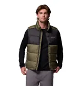 Chaleco acolchado Columbia, modelo Pike Lake II, con diseño bicolor en negro y verde militar. Cuenta con cierre frontal completo, cuello alto, bolsillos laterales con cremallera y tecnología Omni-Heat™ en el interior para retención de calor.