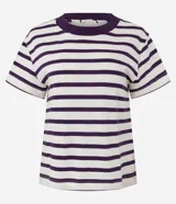 Remera de algodón con diseño de rayas horizontales en color marrón y beige, manga corta y cuello redondo en tono marrón contrastante.
