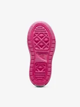 Zapatilla rosa de goma con puntera blanca y orificios de ventilación.