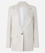 Blazer celeste de viscosa y lino, con cuello inglés, cierre de un botón y solapas.