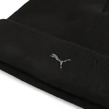 Gorro tipo beanie de punto color negro con vuelta y logo metálico de Puma en la parte frontal.