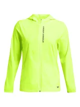 Campera deportiva amarilla flúor con capucha, cierre frontal y logo Under Armour en la manga.