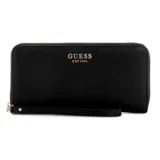 Billetera Guess modelo Amorette de color negro, confeccionada en material sintético con textura sutil. Cuenta con cierre perimetral, correa de muñeca incorporada y el logotipo de la marca impreso en letras doradas en la parte frontal.