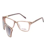 Anteojos de receta con armazón de acetato en tono coral traslúcido, que incluye un clip-on magnético con lentes de sol oscuros.