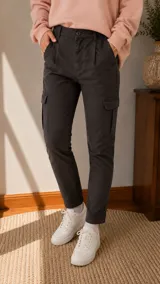 Pantalón cargo color beige de corte ajustado, con bolsillos laterales en los muslos, trabillas para cinto y pinzas en la cintura.