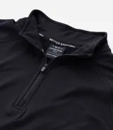 Remera deportiva térmica de manga larga color negro, con cuello alto y cremallera frontal. Presenta sisas raglán y recortes, sin estampado.