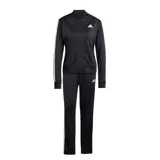Conjunto deportivo Adidas Essentials 3 Tracksuit para mujer, color negro con tiras blancas en las mangas y los laterales del pantalón. Incluye campera con cierre frontal y cuello mao, y pantalón con elástico en la cintura.