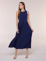 Vestido midi azul marino combinado con parte superior de algodón y elastano de cuello redondo sin mangas, y falda fruncida de broderie calado de poliéster y elastano con forro a tono.