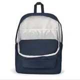 Mochila Jansport modelo Double Break de 27 litros, color azul marino, con compartimento principal amplio, bolsillo frontal con organizador y bolsillo lateral para botella de agua. Presenta correas acolchadas y asa superior.