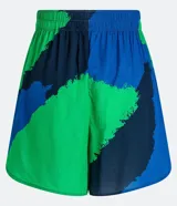 Short de playa confeccionado en viscosa, con cintura elástica fruncida y diseño de estampado abstracto en tonos azul, verde y azul marino.