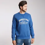Buzo de manga larga Wrangler de algodón color azul con efecto lavado. Presenta cuello redondo y estampa frontal con el logo de la marca. Tiene ribetes acanalados en cuello, puños y dobladillo.