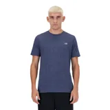 Remera de manga corta New Balance, color azul jaspeado, con cuello redondo y logo de la marca estampado en el pecho.