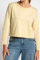 Remera color amarillo pastel de algodón peinado, corte recto y mangas largas.