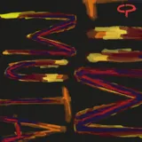 Pañuelo cuadrado de diseño artístico con trazos abstractos y pinceladas en tonos oscuros, rojos, naranjas y amarillos sobre fondo negro.