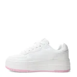 Championes urbanos Umbro modelo Milo High, de diseño tipo plataforma en color blanco con detalles en rosado en la suela. Presentan el logo de la marca grabado en el lateral y perforaciones en la puntera para mayor ventilación.