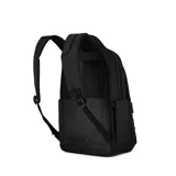 Mochila urbana color negro con múltiples compartimentos, incluyendo espacio dedicado para laptop, bolsillos laterales porta botella y enganche para valija.
