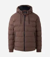 Campera puffer deportiva Get Over, color negro, con diseño sin costuras, cierre frontal por cremallera y capucha con cordón ajustable. Presenta puños elásticos y diseño acolchado.