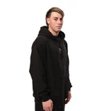 Canguro negro con capucha, cordones ajustables y bolsillo tipo canguro. Estampado pequeño en el pecho con diseño de tabla de surf y texto en blanco.