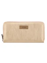 Monedero Terrano color dorado con cierre metálico y logo en el frente.