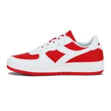 Championes Diadora Spitfire de cuero blanco con detalles en rojo, cordones blancos y suela de goma roja.
