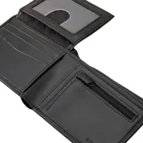 Billetera negra de cuero sintético con logo Rip Curl estampado en relieve.