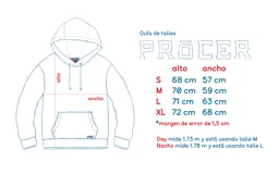 Canguro de felpa azul jean gastado con capucha roja y tiras blancas y rojas en las mangas. Diseño original de autor, corte holgado.