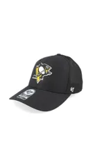 Gorra tipo trucker de la marca 47, color negro, con el logo de los Pittsburgh Penguins bordado en el frente y malla en la parte posterior.