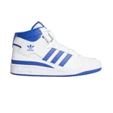Zapatillas Adidas Forum Mid blancas con detalles en azul, con las tres tiras laterales en azul y ajuste con cordones y tira de velcro.