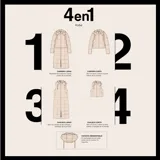 Campera multifunción modular de nylon matelaseado color taupe. Diseño versátil con sistema de cierres que permite transformarla en cuatro versiones: campera larga, campera corta, chaleco largo y chaleco corto. Cuenta con capucha desmontable, cierre frontal completo y bolsillos laterales.