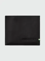 Billetera plegable de cuero negro con logo de la marca grabado y detalle de costura tricolor en el lateral.