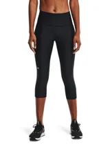Calza deportiva tipo capri de Under Armour, color negro, con cintura alta antideslizante y bolsillo lateral. Confeccionada en tejido HeatGear ultraligero que absorbe el sudor y permite libertad de movimiento.