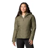 Campera técnica con capucha, color verde oliva, con diseño acolchado y cierre frontal. Cuenta con tecnología termorreflectante, bolsillos laterales con cierre y puños con orificios para el pulgar.