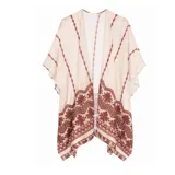 Kimono abierto de color beige con diseño estampado de estilo tribal en tonos bordó, con mangas amplias y caída ligera.