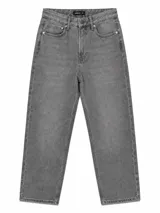 Pantalón jean de corte recto y tiro medio, color gris con efecto acid wash, bolsillos clásicos y cierre frontal de botón y cremallera.