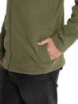 Campera polar de microfleece marca Caterpillar, color verde militar, con cuello alto, cierre frontal completo y bolsillos laterales. Cuenta con el parche bordado del logo de la marca en el pecho.
